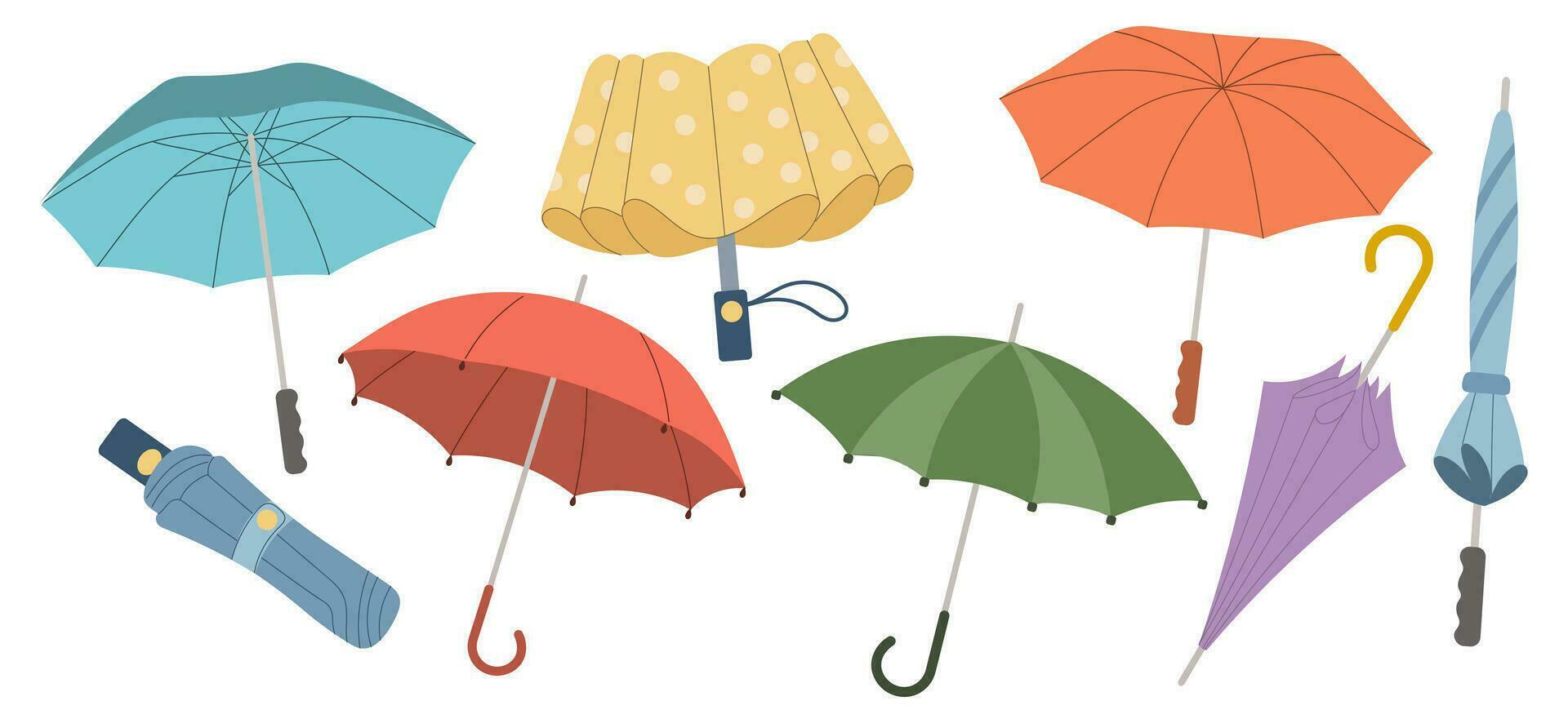 conjunto de lluvia sombrillas, abierto y cerrado paraguas colección de estacional accesorios. ilustración en plano estilo. vector