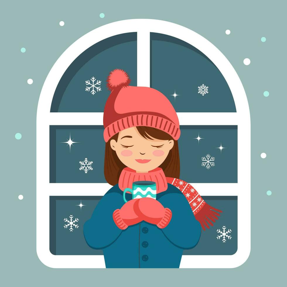 Cute girl in a hat and mittens with a cup of tea near the window with snowflakes. Winter illustration, print, vector