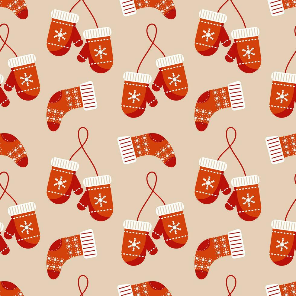 Seamless pattern, socks and mittens with snowflake ornament. Print, christmas background, vector