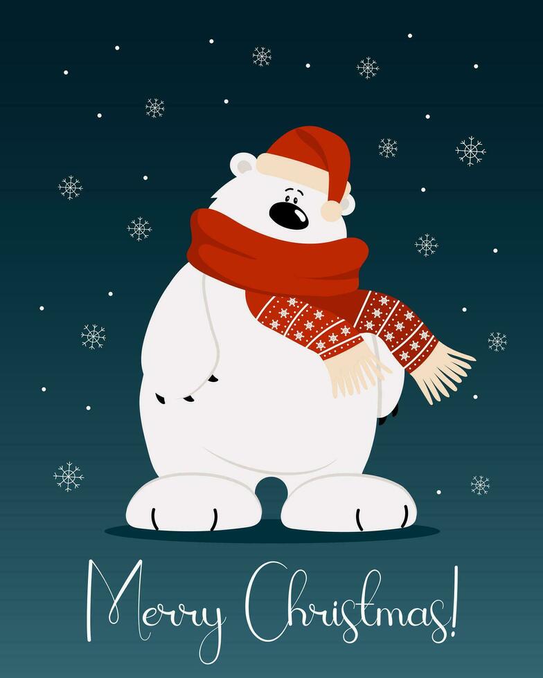 tarjeta de felicitación feliz navidad, lindo oso polar de dibujos animados en una bufanda y sombrero sobre un fondo con copos de nieve. impresión, vector