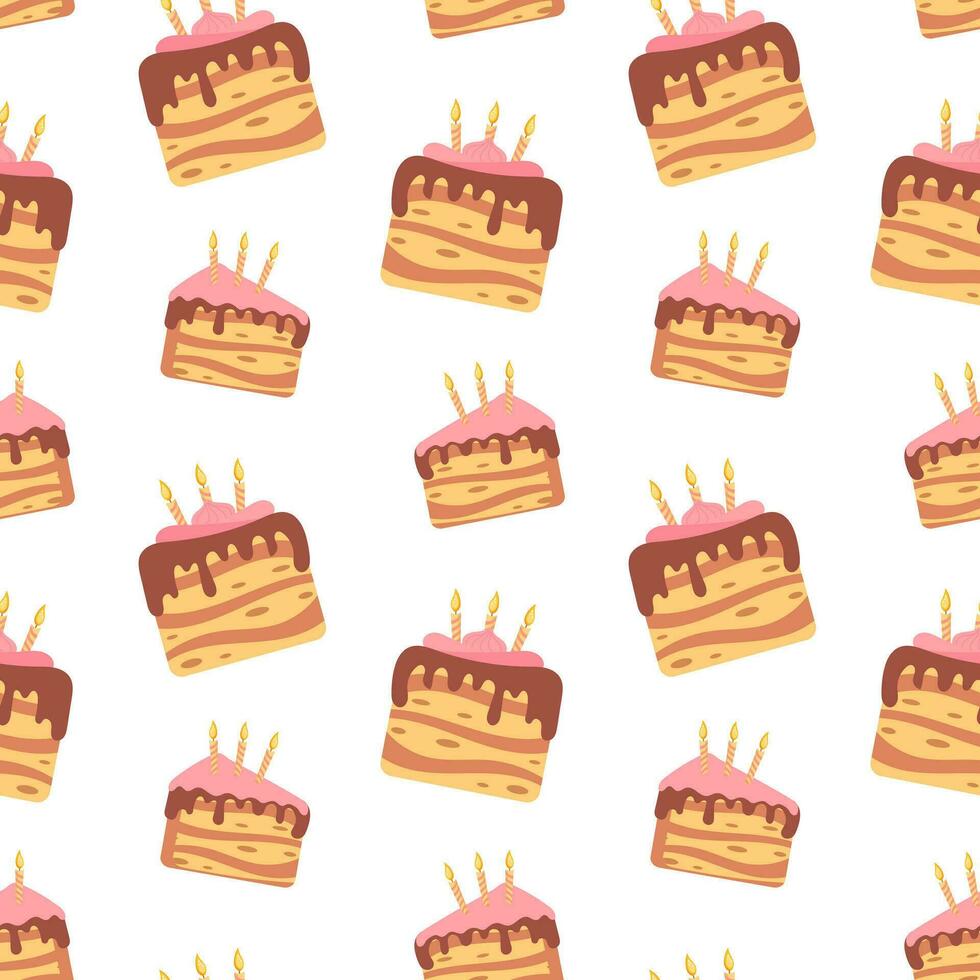 Seamless pattern, holiday cakes with holiday candles, pieces of cakes, delicious desserts, pastries, cupcakes. Food background, menu, vector