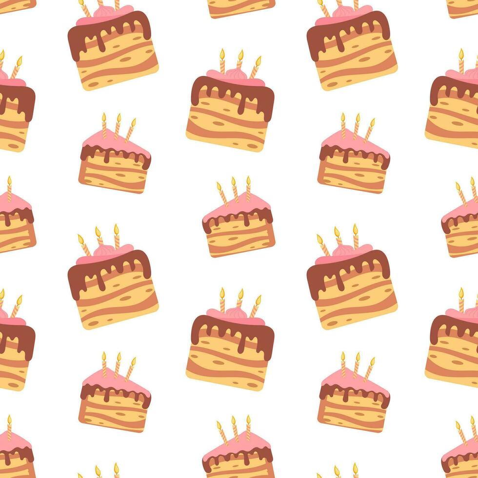 sin costura patrón, fiesta pasteles con fiesta velas, piezas de pasteles, delicioso postres, pasteles, pastelitos comida fondo, menú, vector