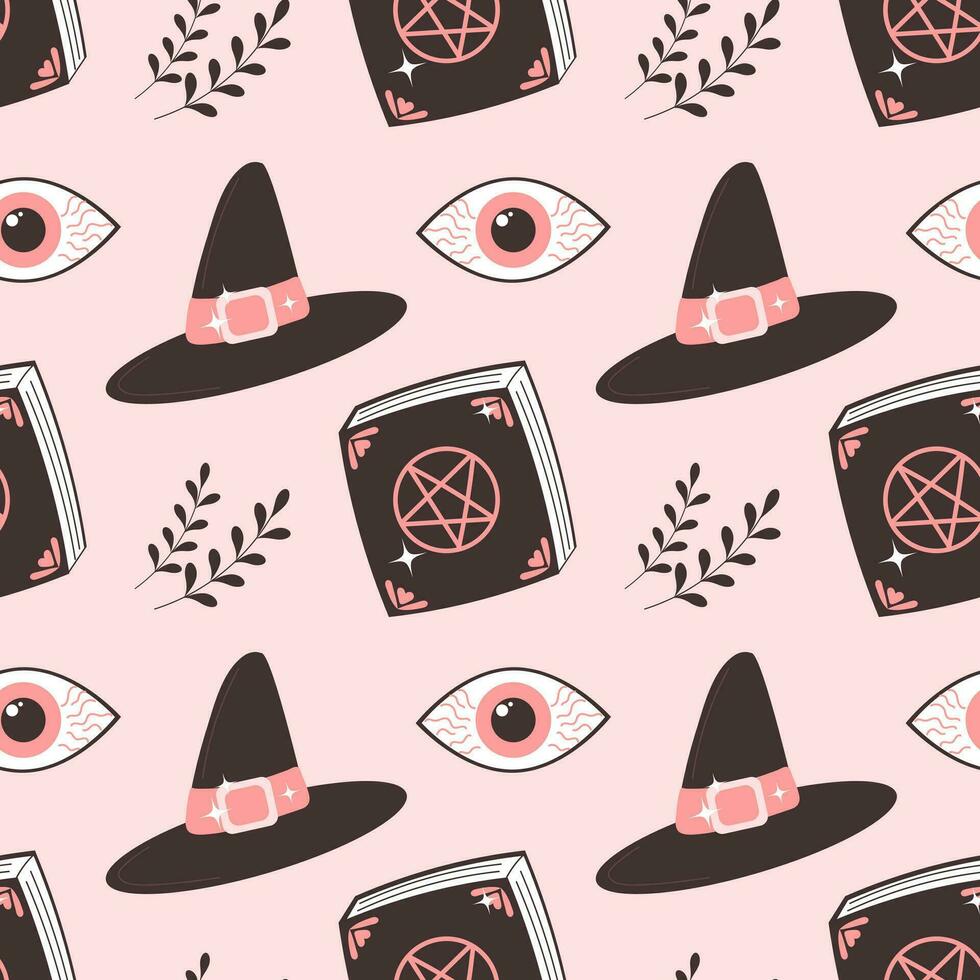 Halloween pink baby background. Seamless pattern with cute Halloween elements, hats. eyes and a magic book. Cartoon design in flat style. Vector
