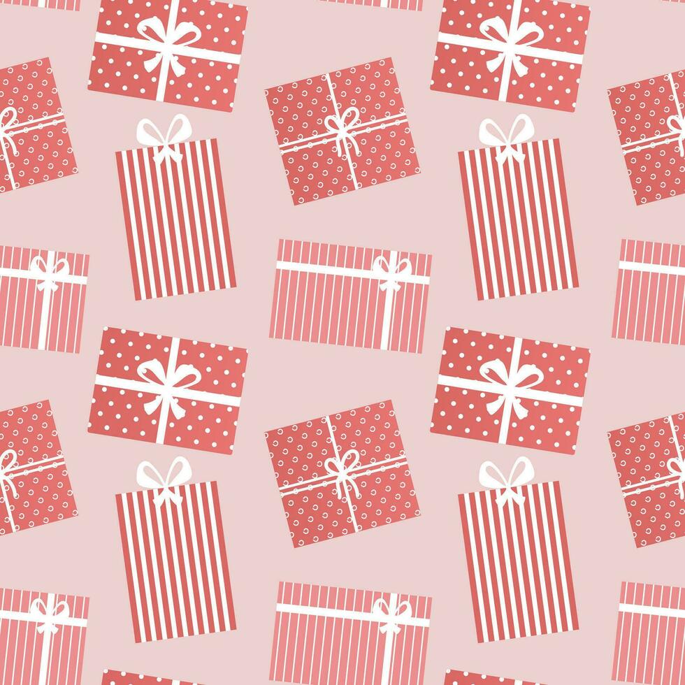 Seamless pattern, beautiful gift boxes with ribbons on a pink background. Print, holiday packaging, vector