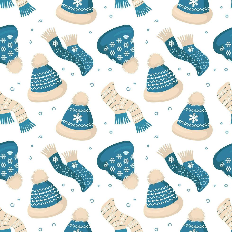Knitted winter hats and scarves with snowflake ornament on a white background. Christmas print, background, vector