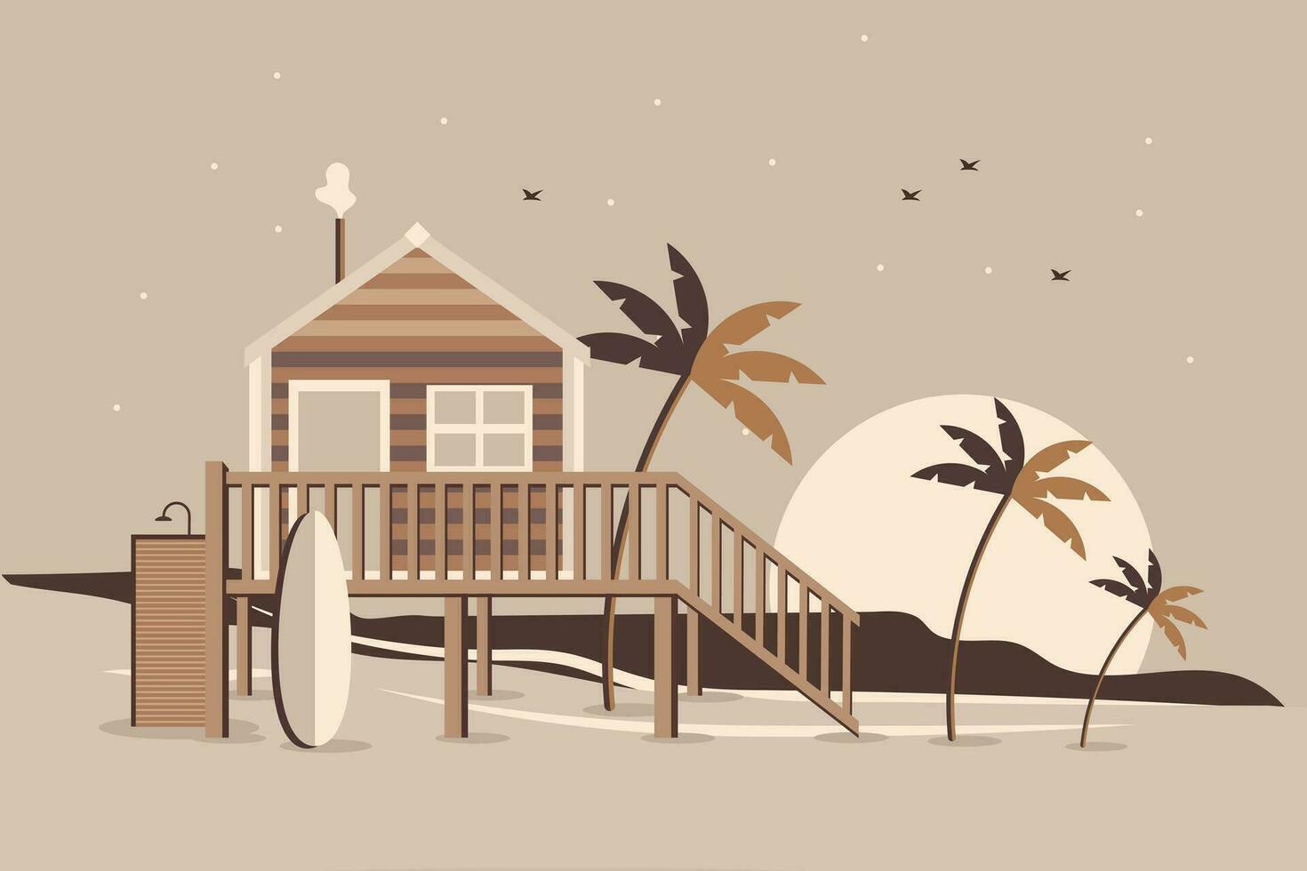 Tropical landscape with a house with a terrace, a surfboard, palm trees, sun at sunset on the seashore. Flat illustration in beige colors, vector