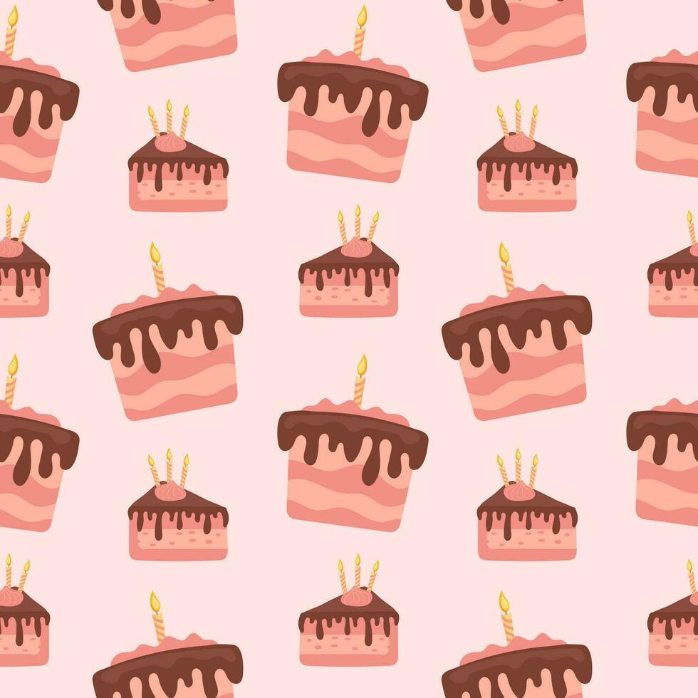 Seamless pattern, holiday cakes with holiday candles, pieces of cakes, delicious desserts, pastries, cupcakes. Food background, menu, vector