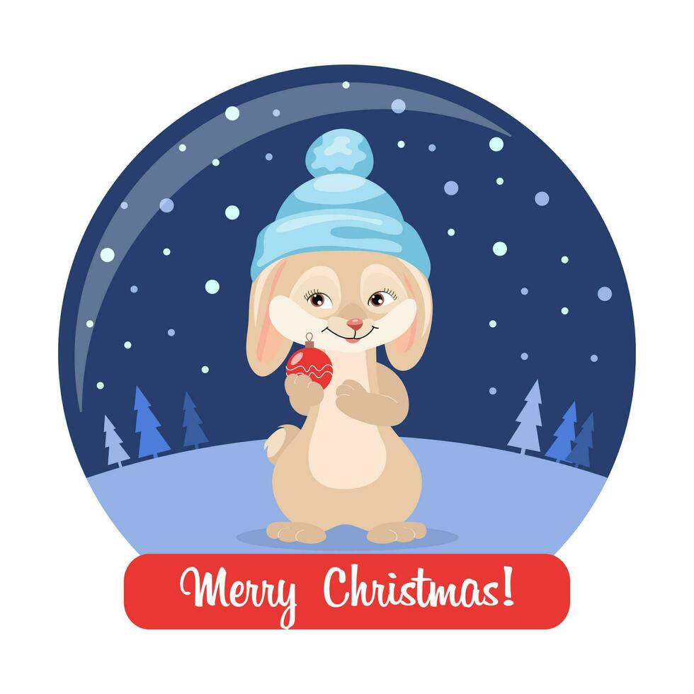 Cute bunny rabbit in a Christmas glass ball and congratulatory text. New Year's gift, present, postcard, vector