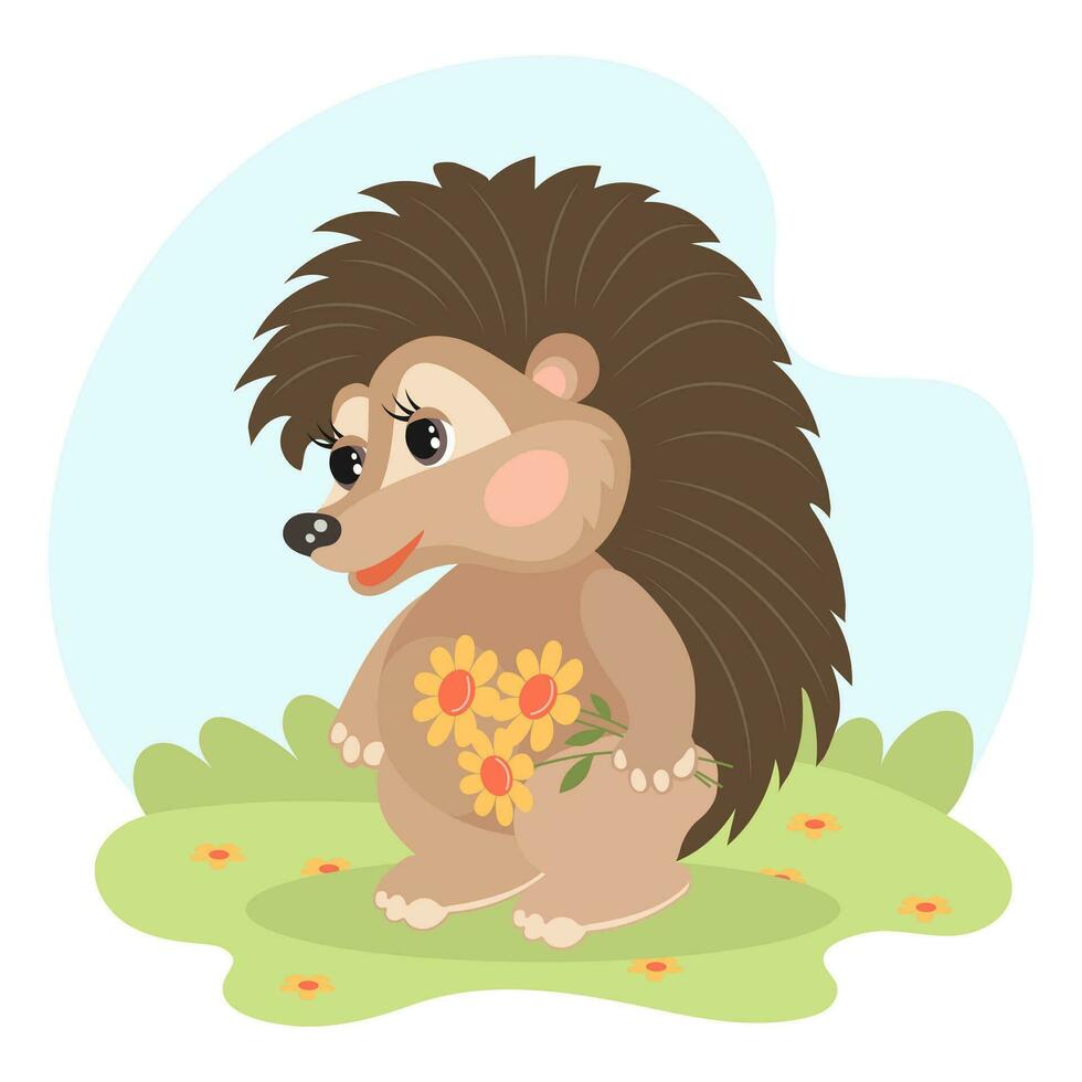 Cute cartoon baby hedgehog with a bouquet of flowers in the meadow. Illustration in flat style. Children's card. Vector