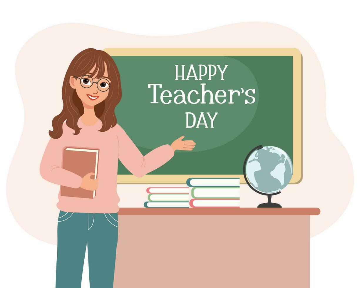 Greeting card Happy Teacher's Day. Woman teacher at the blackboard in the classroom. Cartoon illustration. Vector