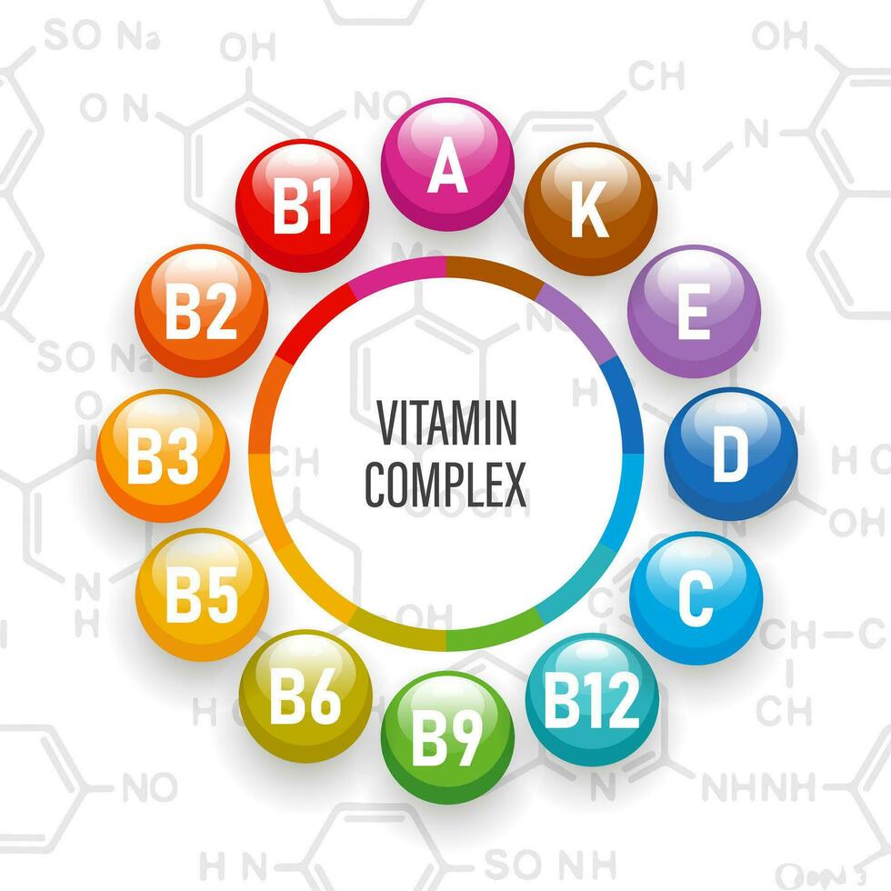 nutrición saludable complejo vitamínico. ilustración de iconos de vitaminas en el fondo de fórmulas químicas. el concepto de medicina y atención médica. vector