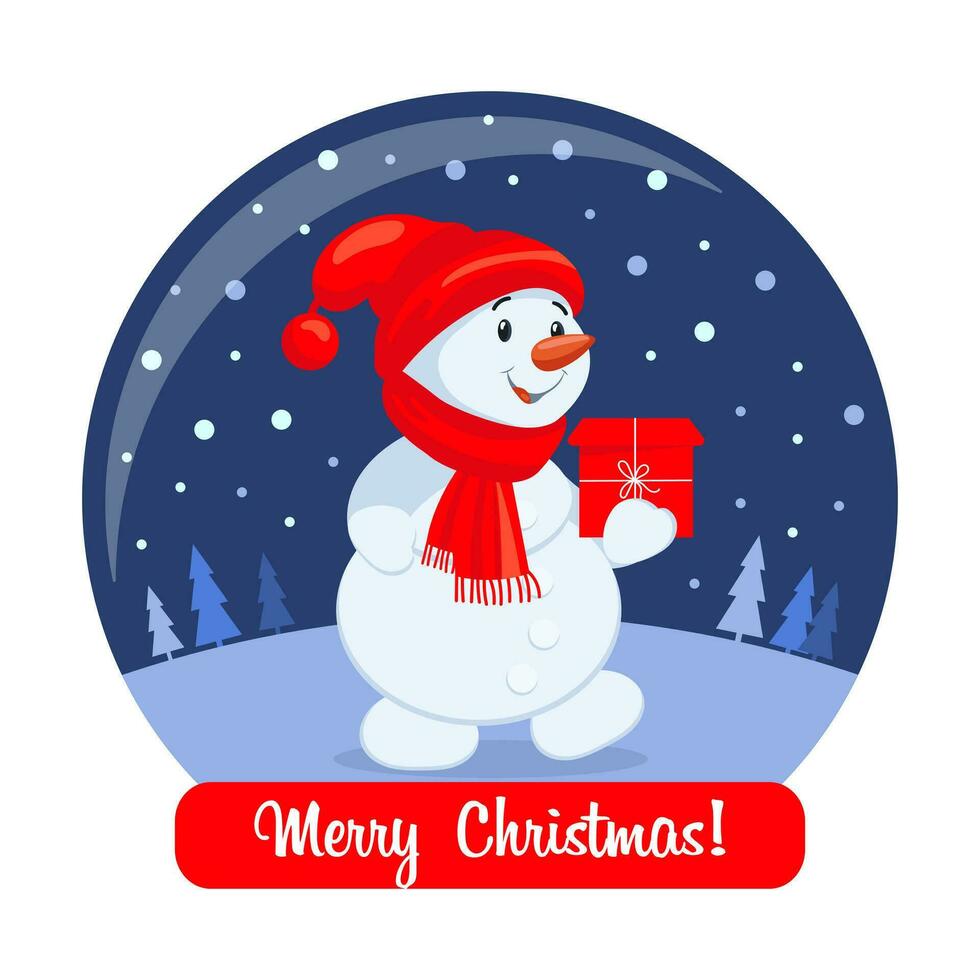 Cute snowman in a Christmas glass ball and congratulatory text. New Year's gift, present, postcard, vector