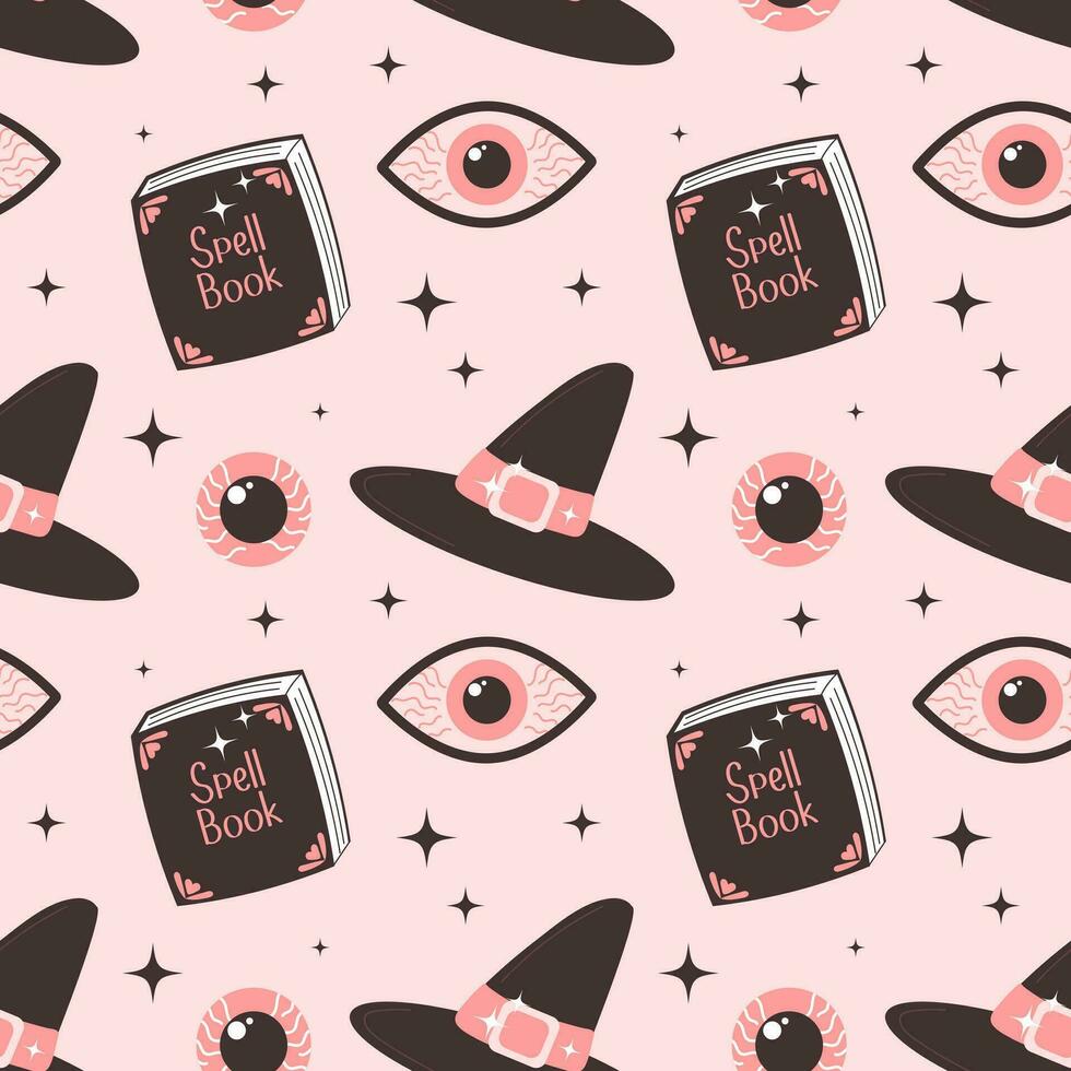 Halloween pink children's background. Occult seamless pattern with cute Halloween elements, eyeballs, spell books and witch hats. Cartoon design in flat style. vector