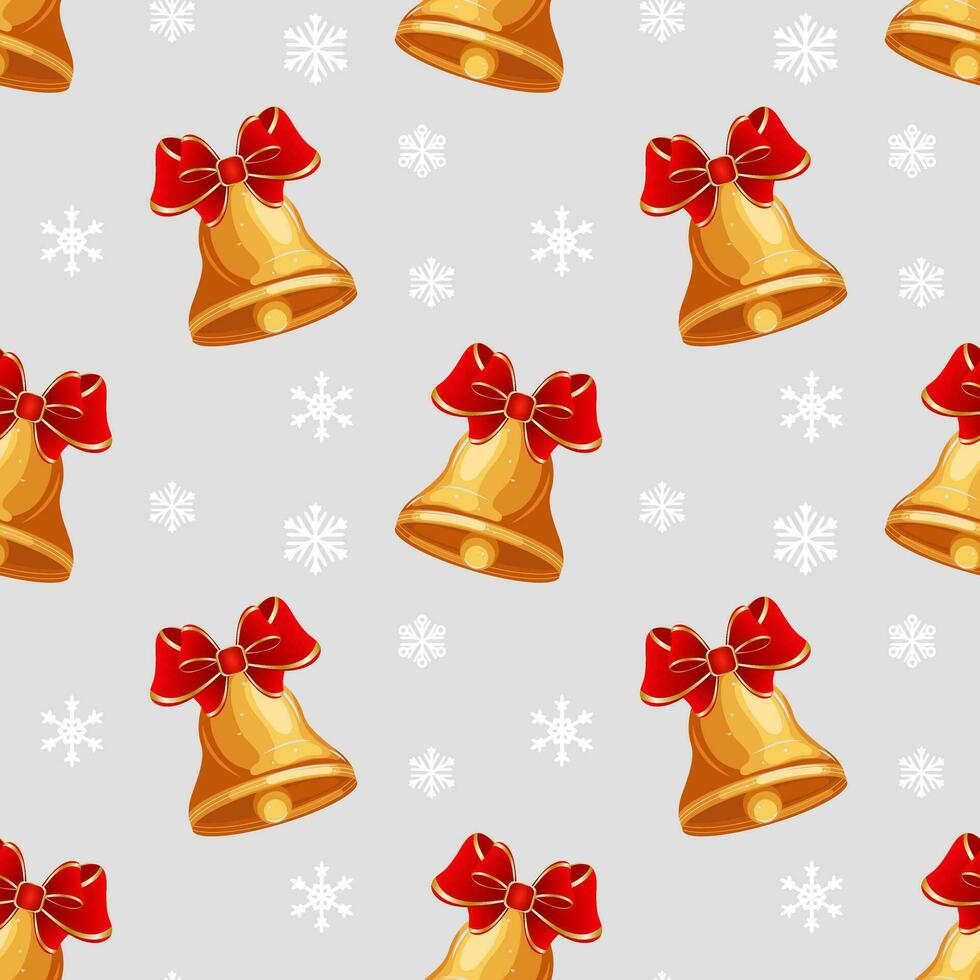 Seamless pattern, Christmas golden bells with red bows on the background of snowflakes. Textile, christmas print, vector