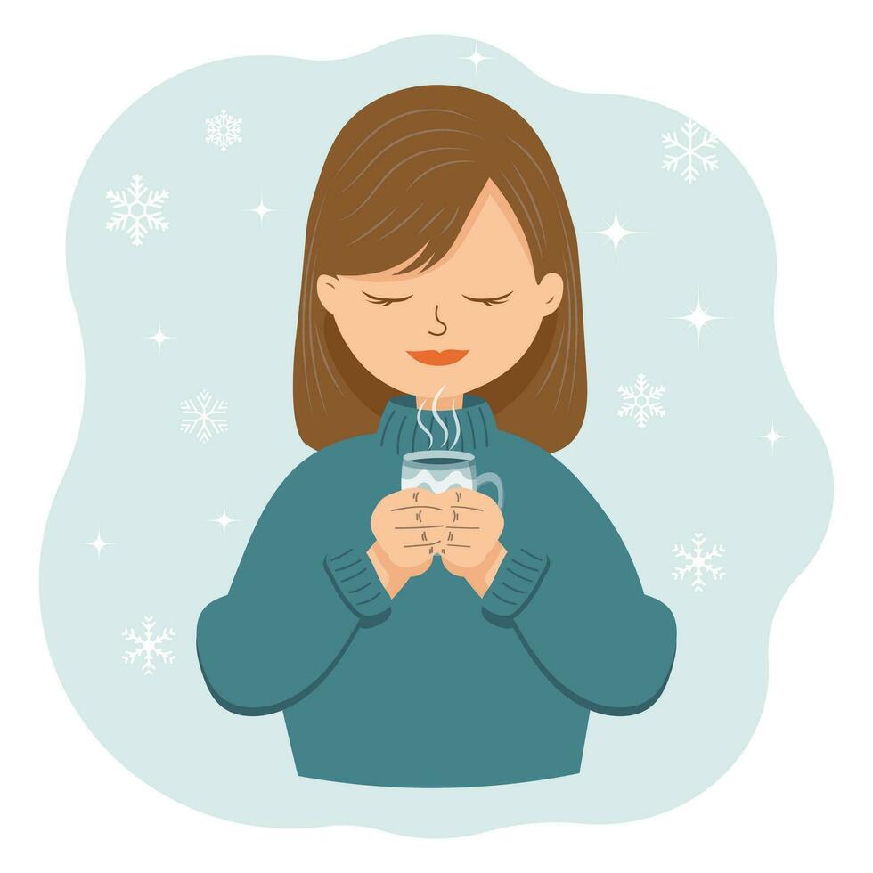 Cute girl in a sweater with a cup of tea on the background with snowflakes. Winter illustration, print, vector