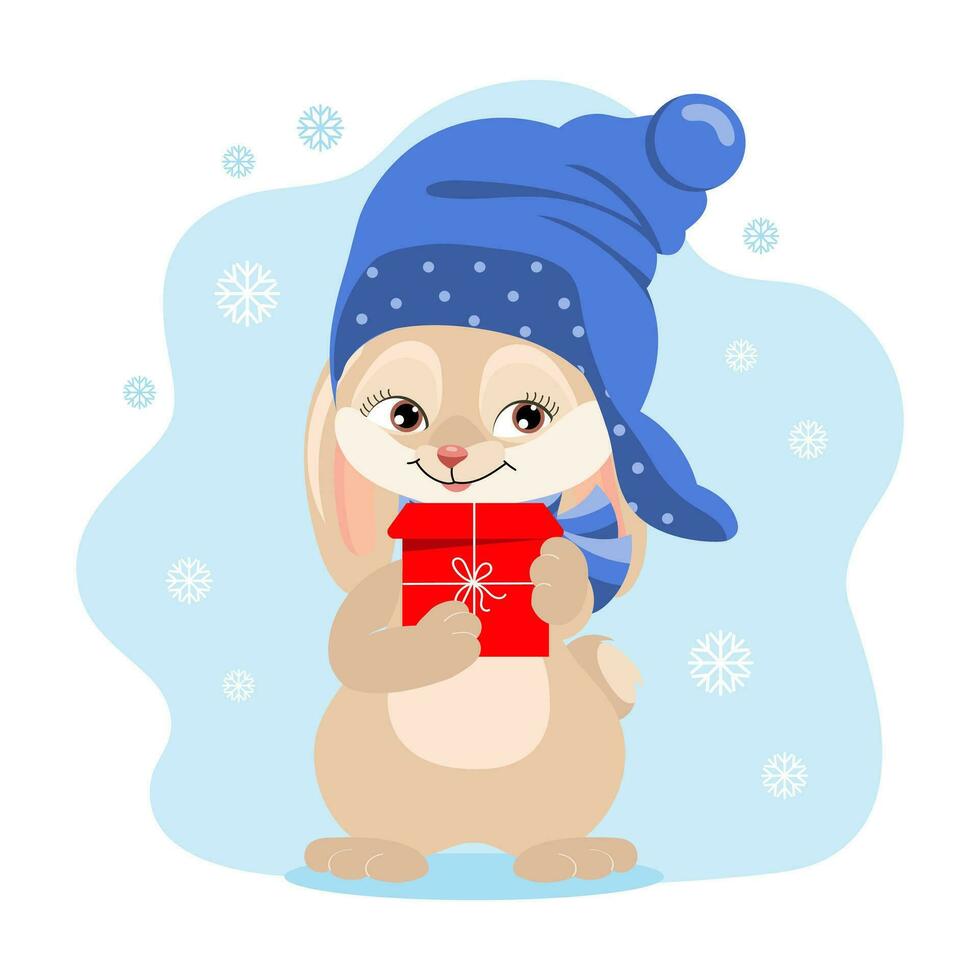 Cute bunny in a hat and scarf with a gift on the background of snowflakes. Christmas illustration, kids print, vector