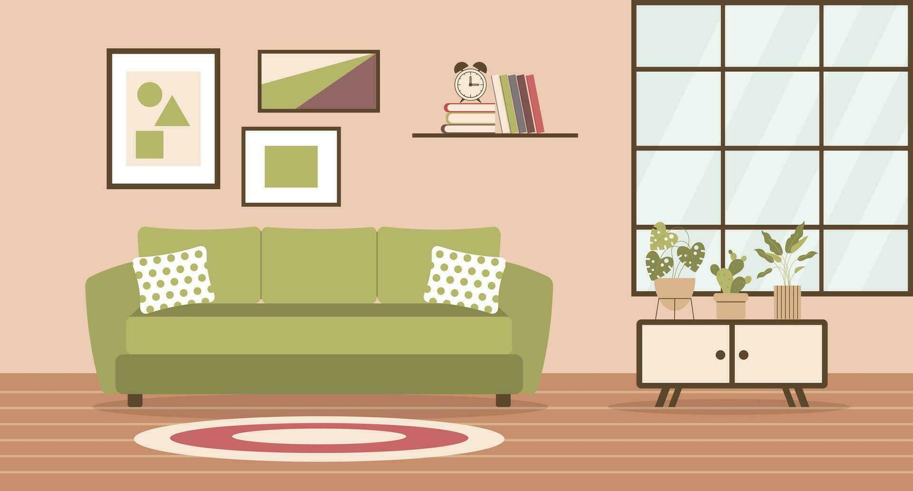 Living room with sofa, home plants on the bedside table, window, bookshelf and paintings on the wall. Flat interior in minimal style, vector