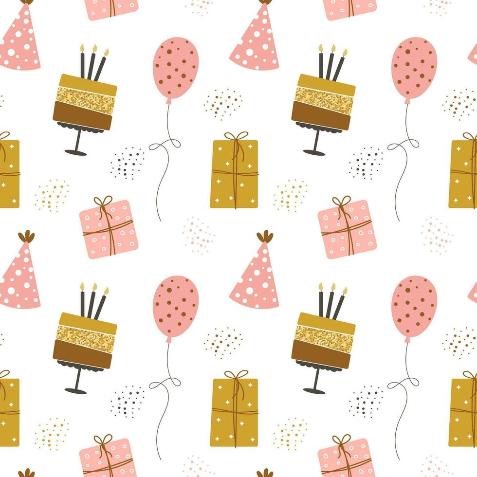 Seamless pattern Happy Birthday. Cakes, balloons, gift boxes and party hats. Festive background in simple style with golden sparkles, vector