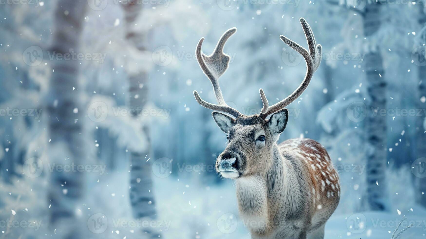 Portrait of reindeer in winter forest. Winter background. Deer in the forest. Wild animal. AI Generated photo