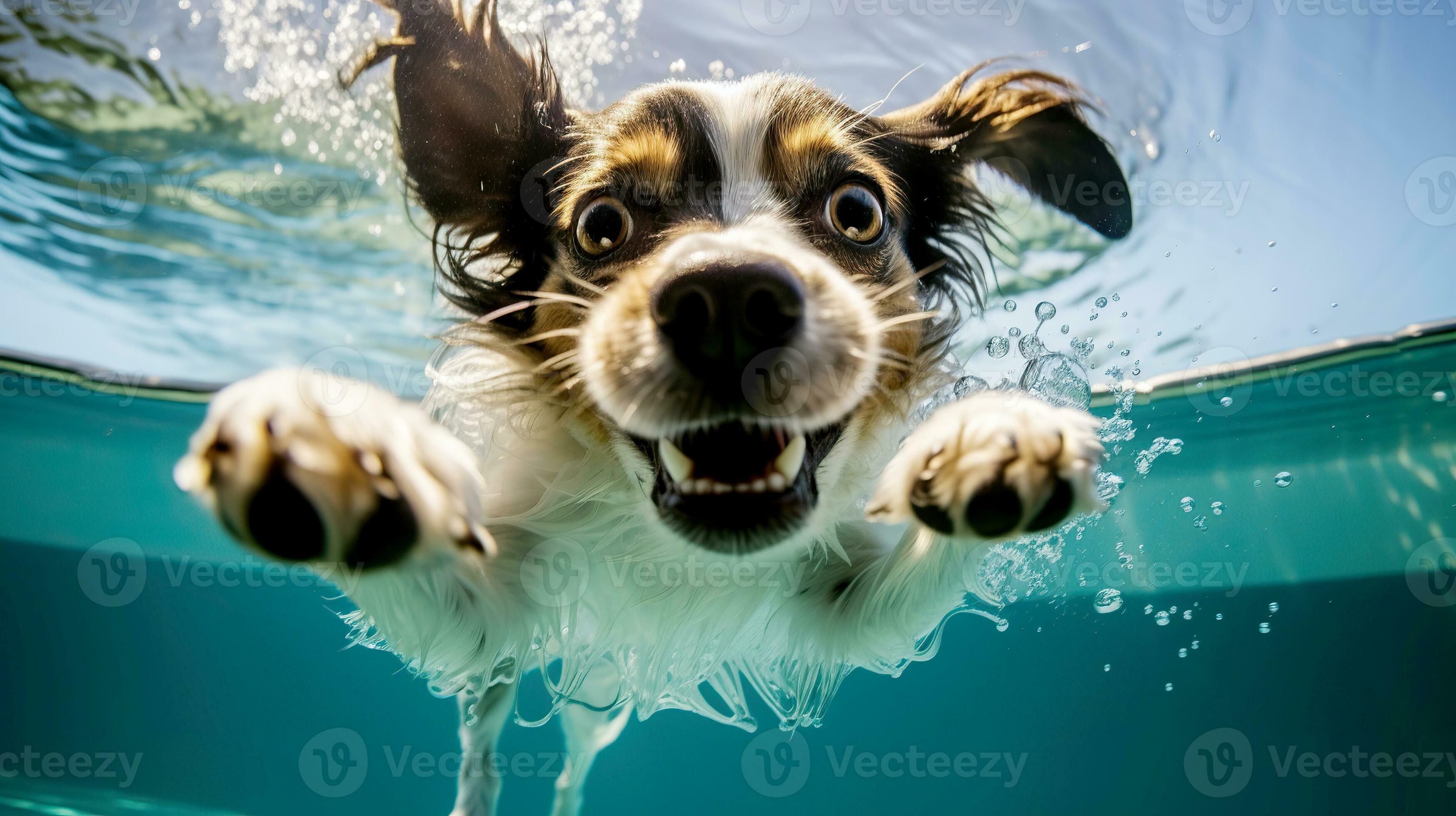 Funny dog jumping into the swimming pool with splashes of water. AI