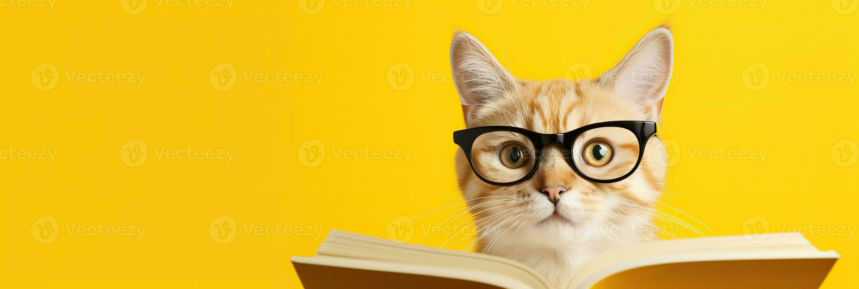 Cute ginger cat in eyeglasses reading book on yellow background. AI Generated photo