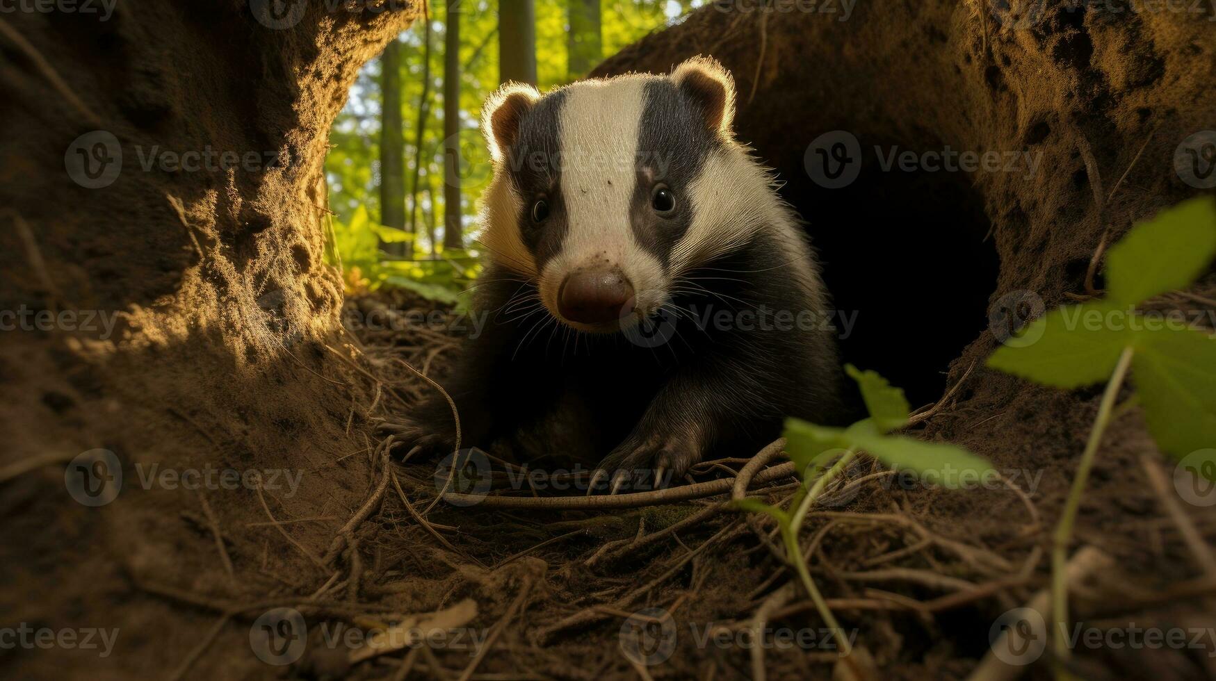 Wild badger in forest, animal in nature habitat. Generative AI photo