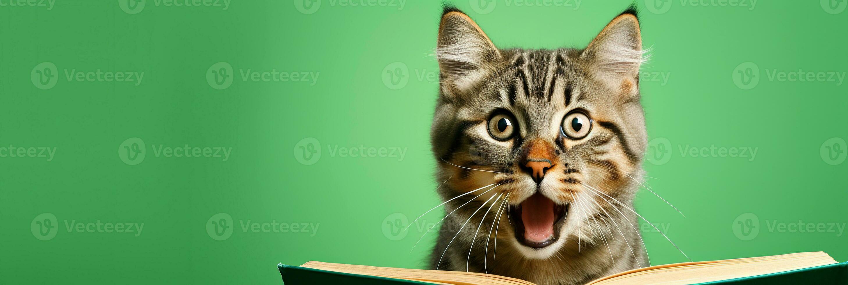 Funny photo of cute kitten with mouth open wide. Cute Maine Coon cat reading a book on green background.  AI Generated