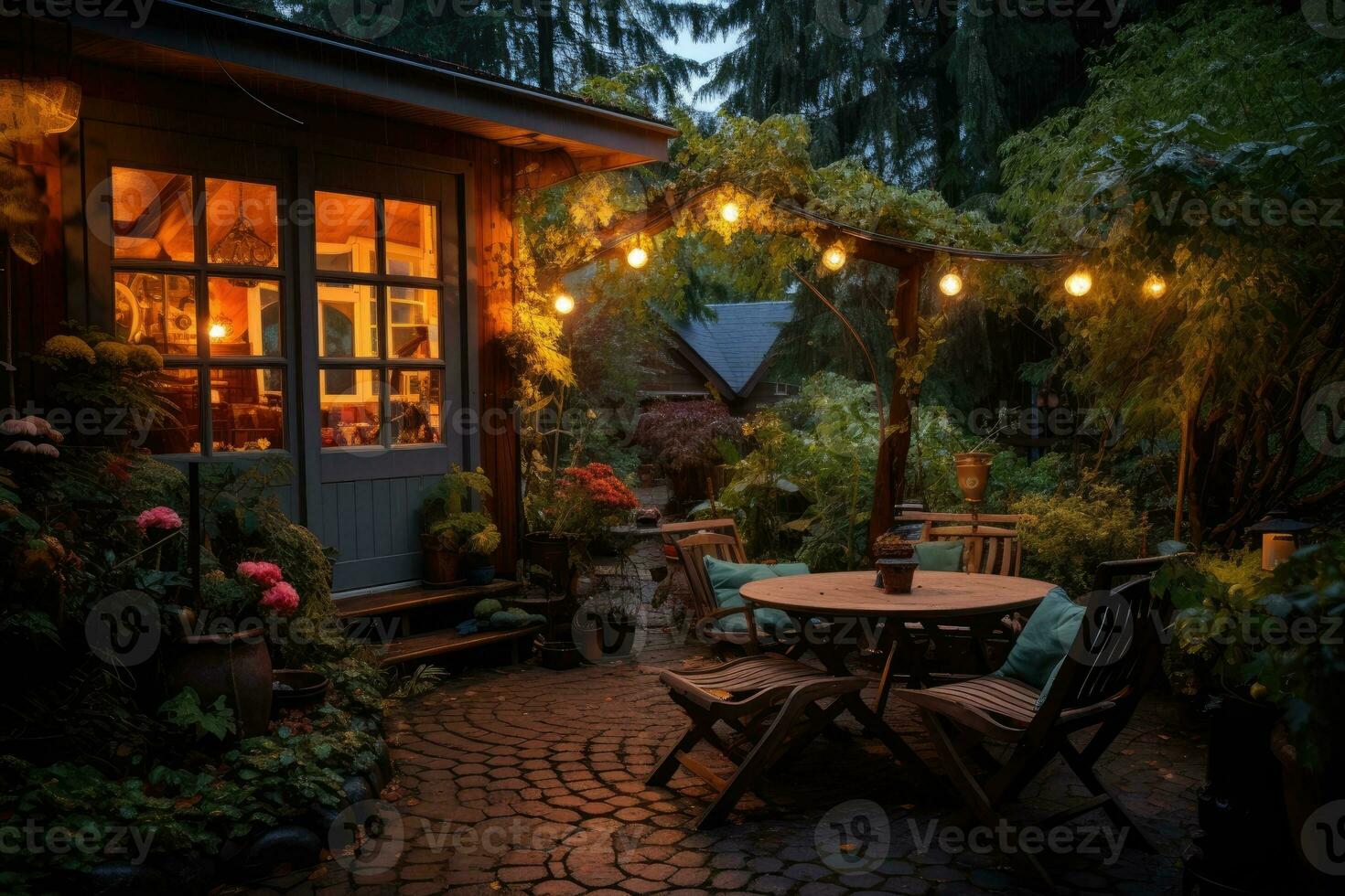 A small courtyard surrounded by greenery, simple patio furniture. Generative AI photo