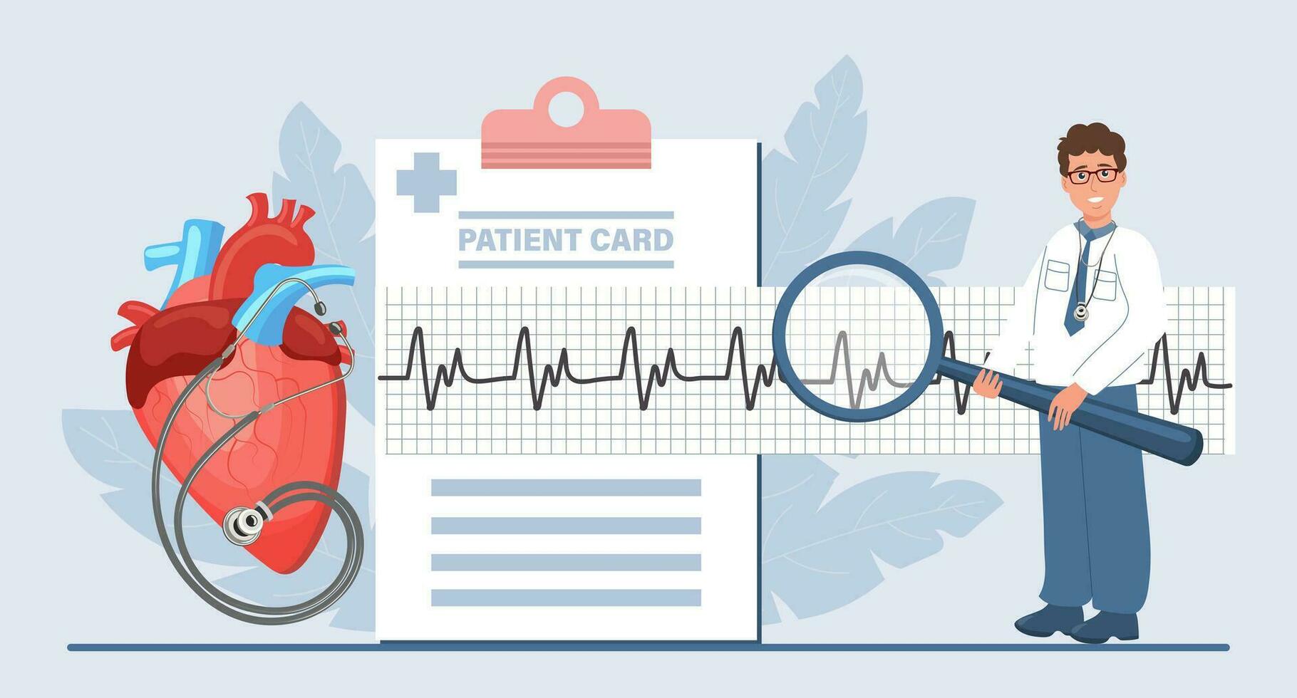 diagnóstico de cardiovascular enfermedades, el médico mira a el cardiograma mediante un aumentador vaso. legumbres. dibujos animados plano ilustración. vector