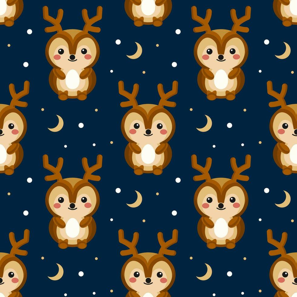 Seamless pattern, colorful baby deer on a night background with moon, stars. Cartoon print, textile, wallpaper, kids bedroom decor. vector