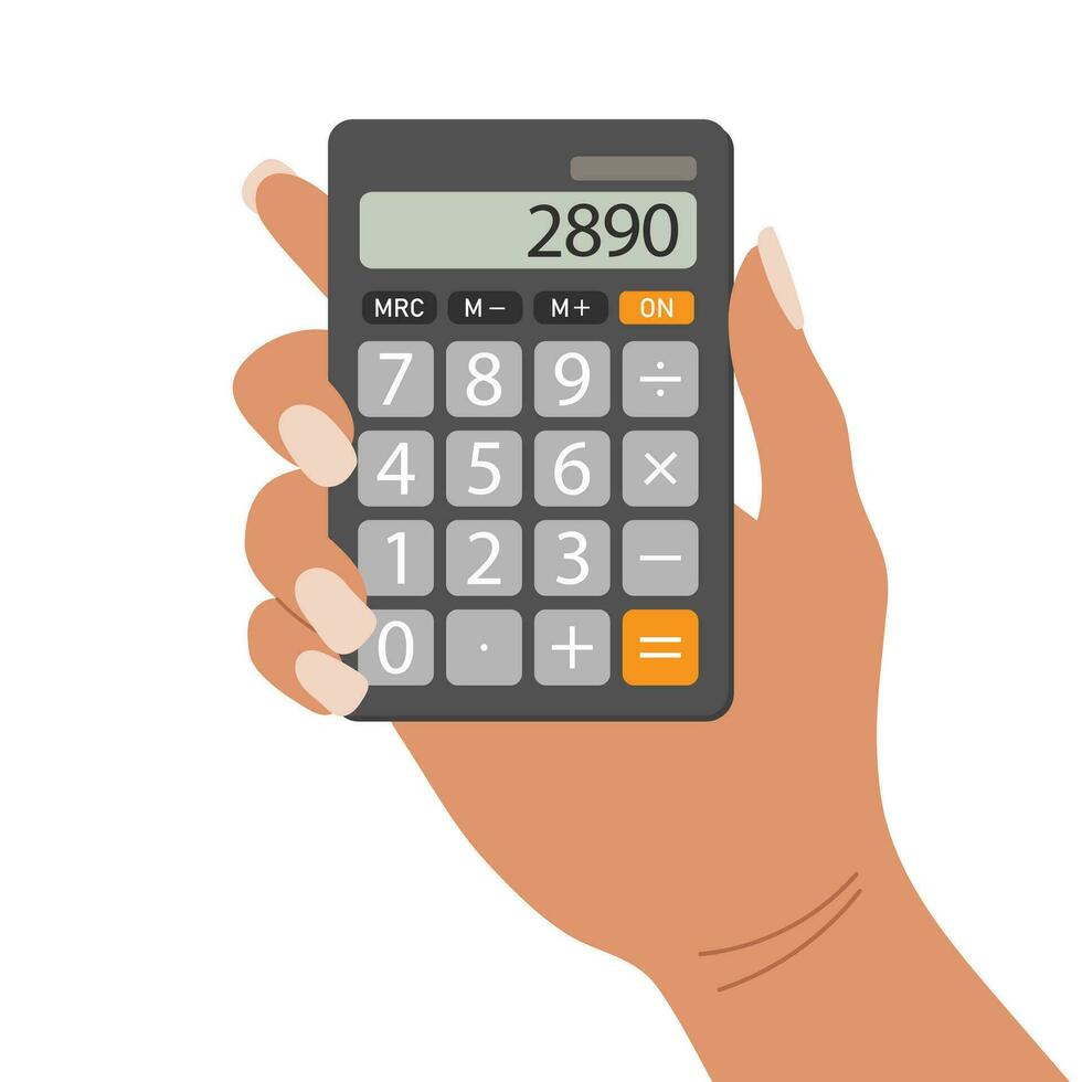 humano manos participación un realista bolsillo calculadora. teclado para negocio, finanzas, electrónico calculadora concepto. electrónico contando dispositivo. dibujos animados ilustración. vector