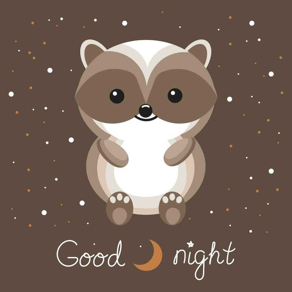 para niños bueno noche tarjeta con un linda kawaii tejón en un noche antecedentes con el Luna y estrellas. dibujos animados ilustración con caligrafía letras. vector