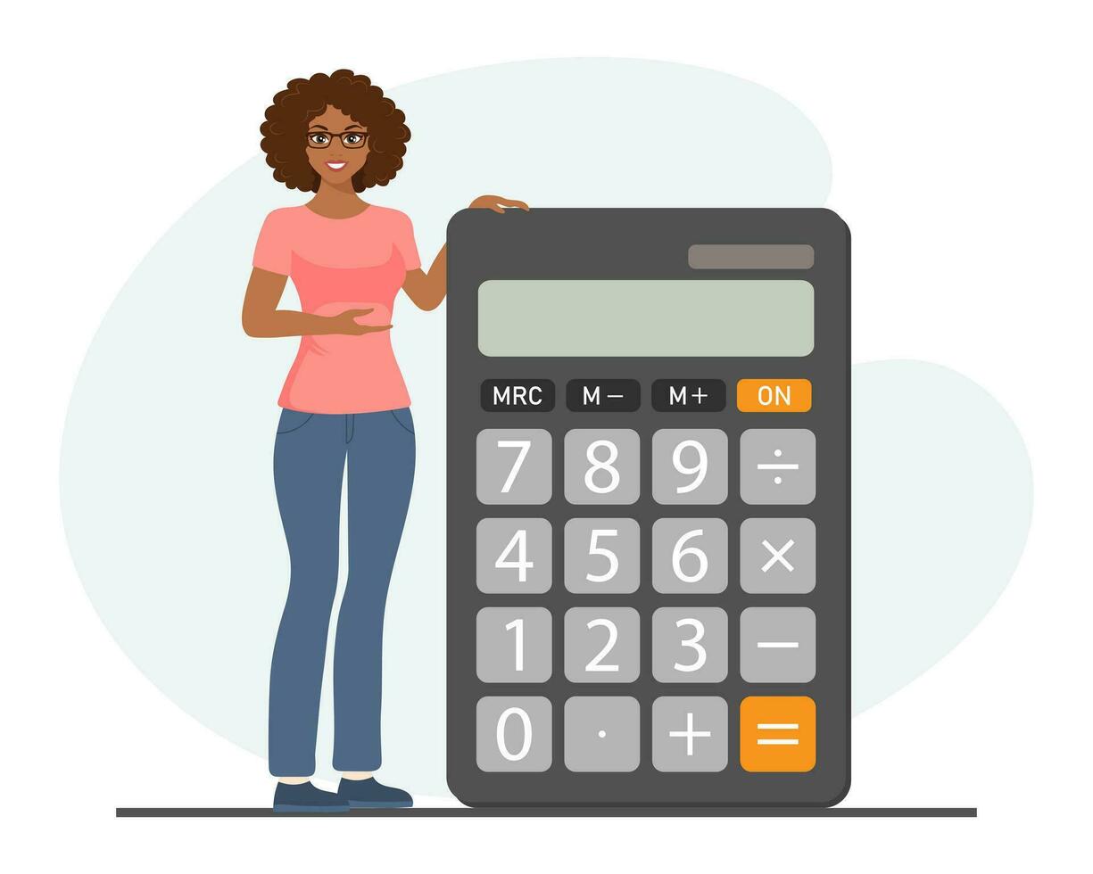 un mujer soportes siguiente a un calculadora. financiero presentación, auditoría o profesional contabilidad servicio, costo cálculo. electrónico contando dispositivo. dibujos animados ilustración. vector