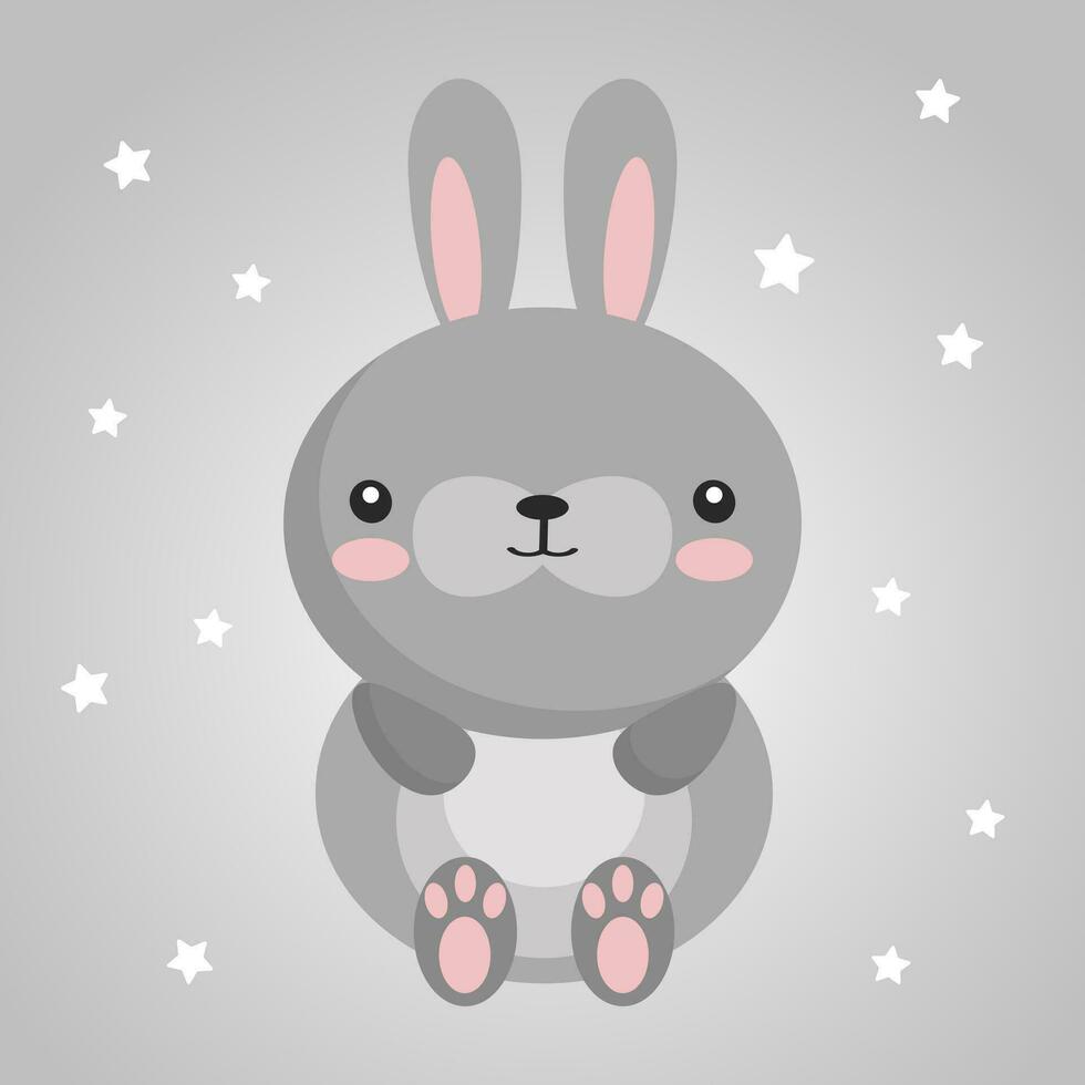 Cute bunny character on starry background, toy animal. Illustration, children's print, postcard, vector