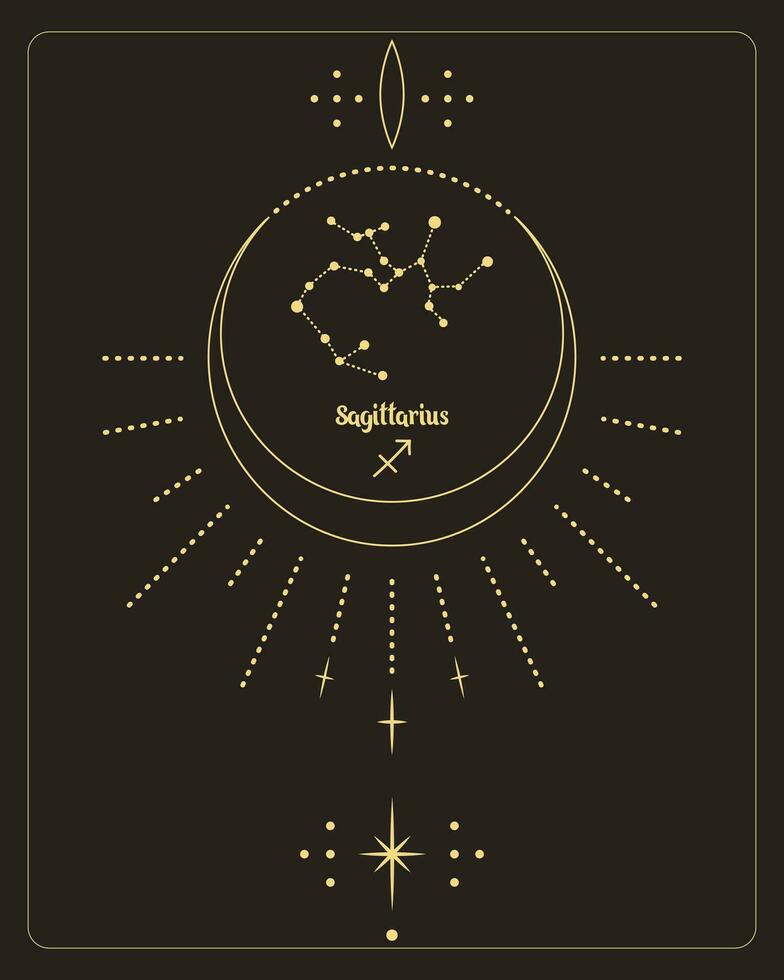 Magic astrology poster with constellation sagittarius, tarot card. Golden design on a black background. Vertical illustration, vector