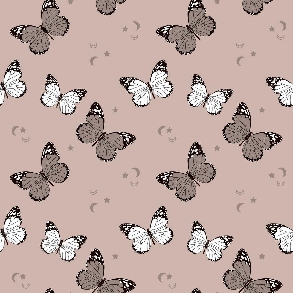 Seamless pattern, butterflies, moon and stars on a beige background. Print, background, textile, vector