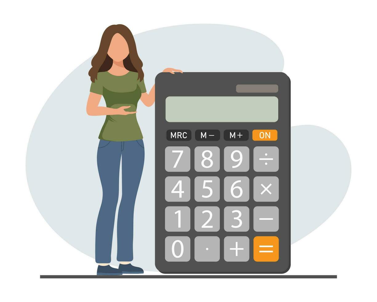 un mujer soportes siguiente a un calculadora. financiero presentación, auditoría o profesional contabilidad servicio, costo cálculo. electrónico contando dispositivo. dibujos animados ilustración. vector