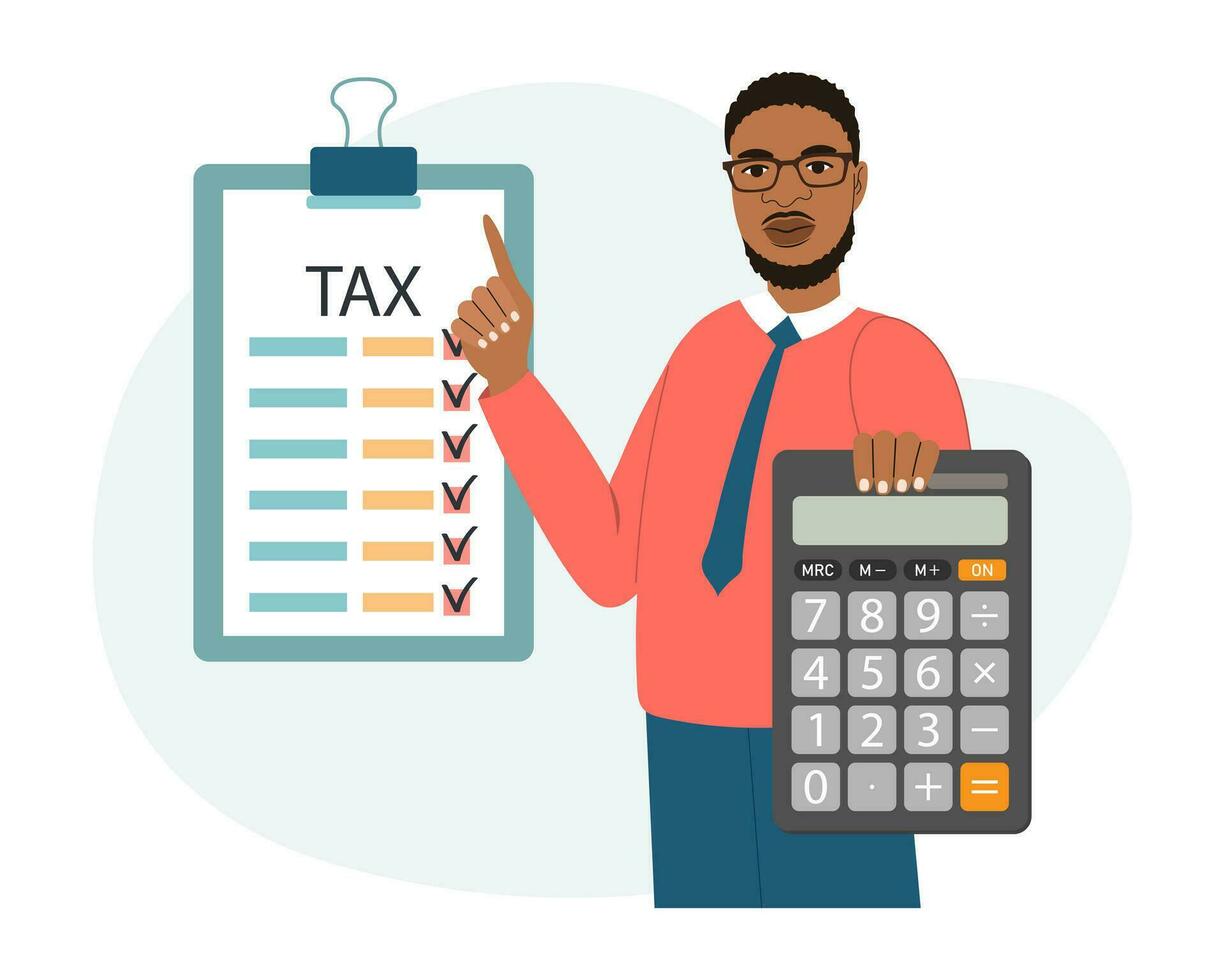 Man with calculator and tax form. Tax payment concept. Financial tax accounting, audit or accounting services. Cartoon illustration. Vector