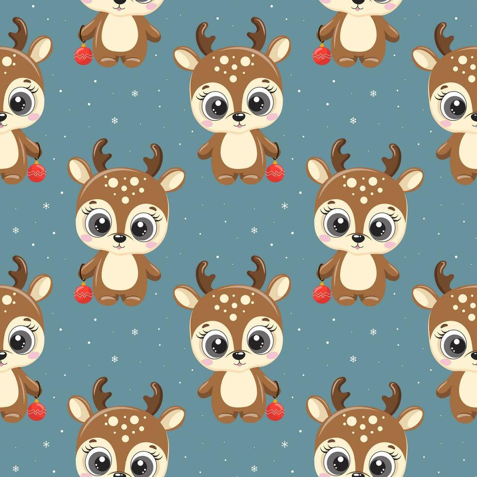 Seamless pattern, cute little deer with a red Christmas ball on a background with snowflakes .Print, textile, vector