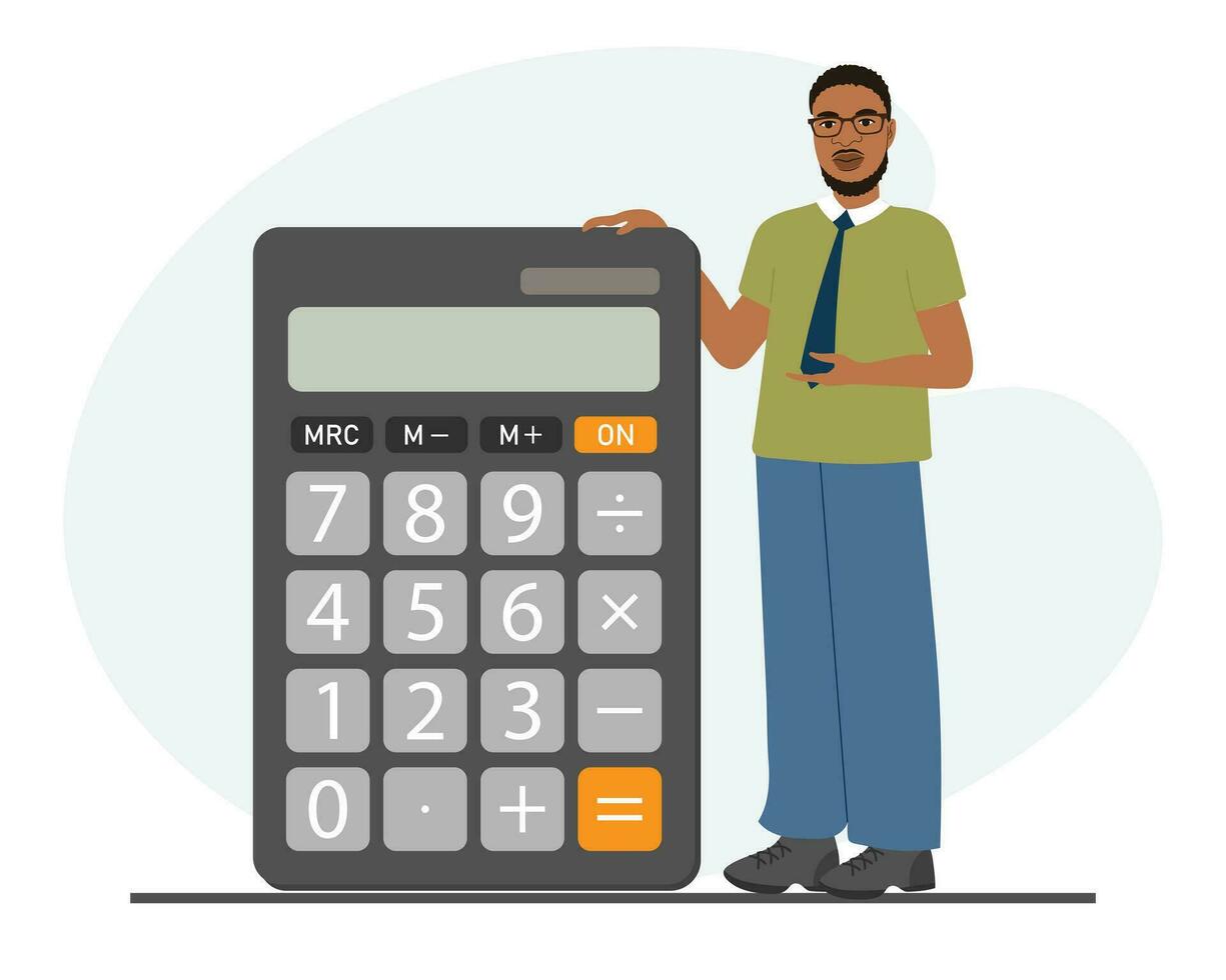 A man stands next to a calculator. Financial presentation, audit or professional accounting service, cost calculation. Electronic counting device. Cartoon illustration. Vector