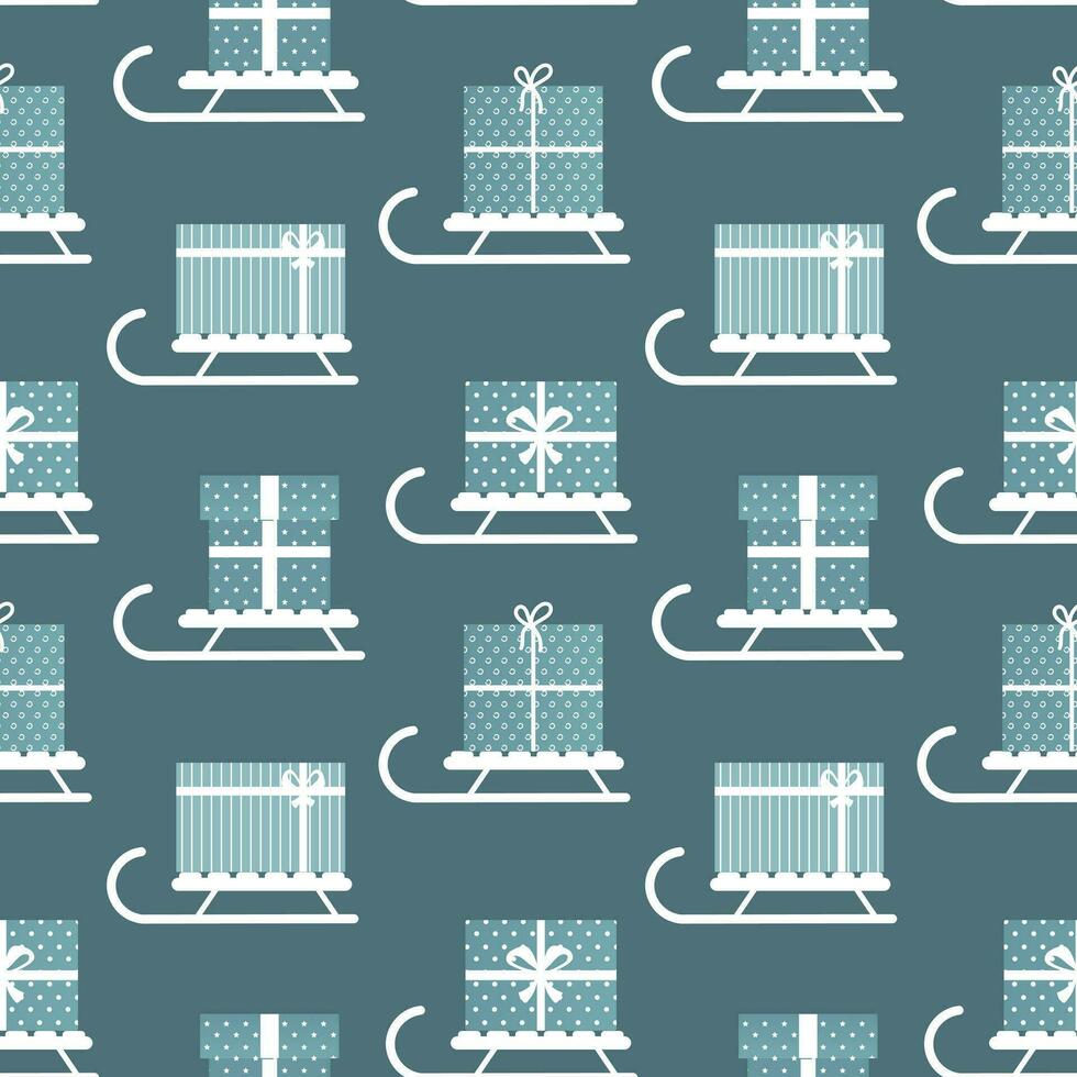 Seamless pattern, winter sleigh with gifts boxes. Blue and white design. Background, textile, vector
