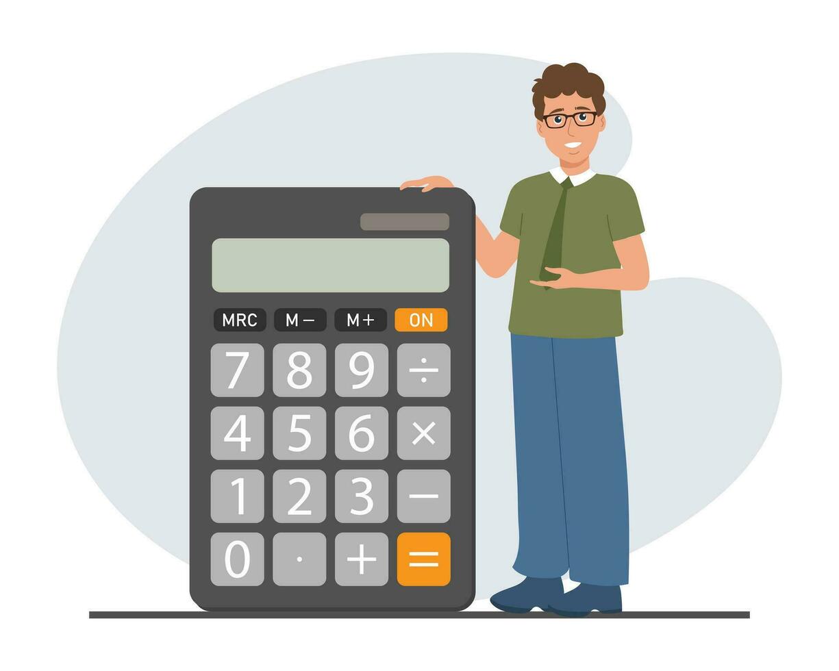 A man stands next to a calculator. Financial presentation, audit or professional accounting service, cost calculation. Electronic counting device. Cartoon illustration. Vector
