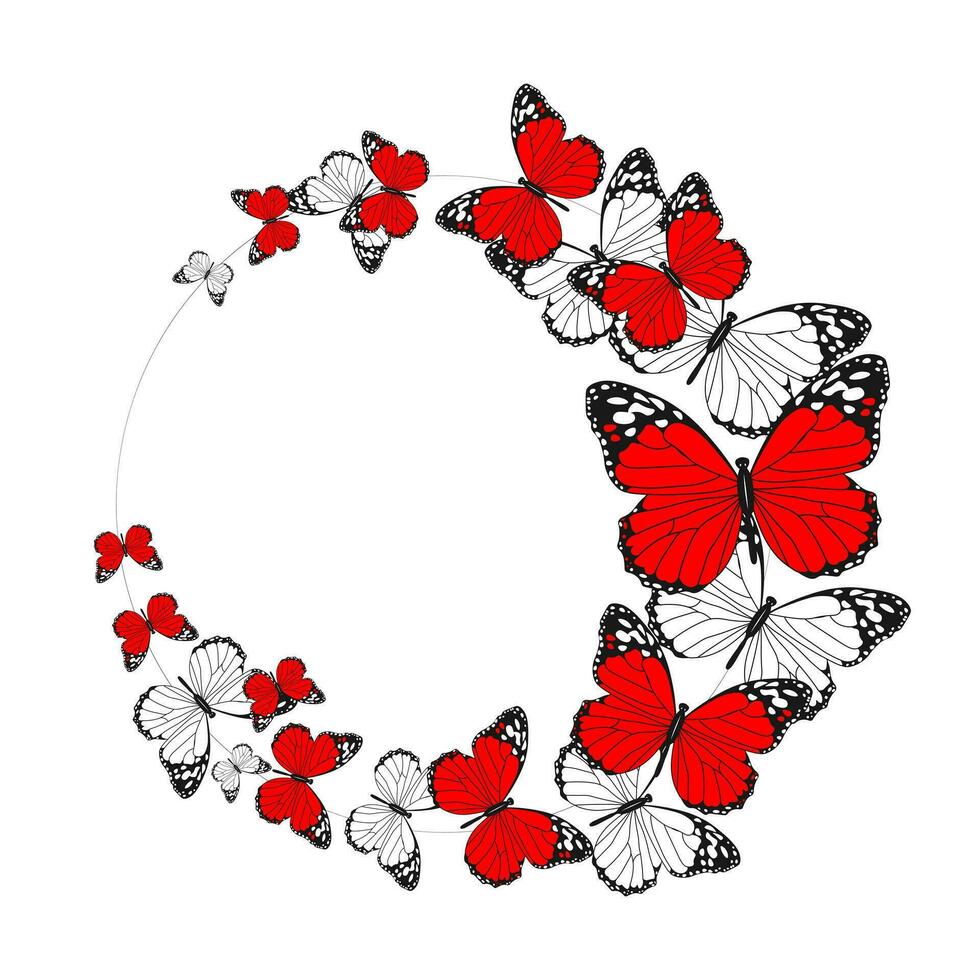 Round frame of red and white flying butterflies, poster. Wall art, illustration, vector