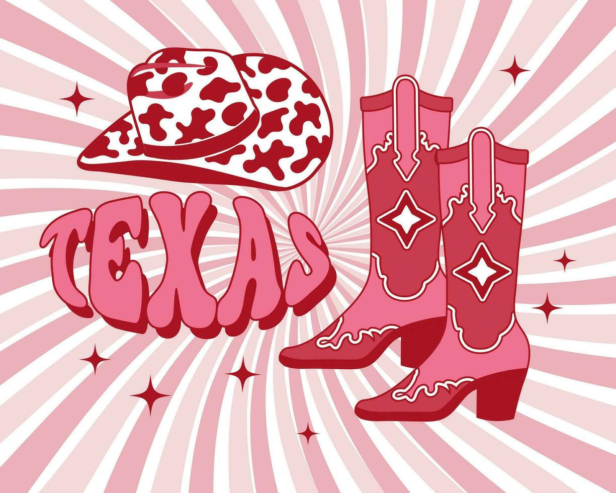 Cowboy boots and cowboy hat with cow print. Pink Western style boots and Texas text on a retro background. Vector