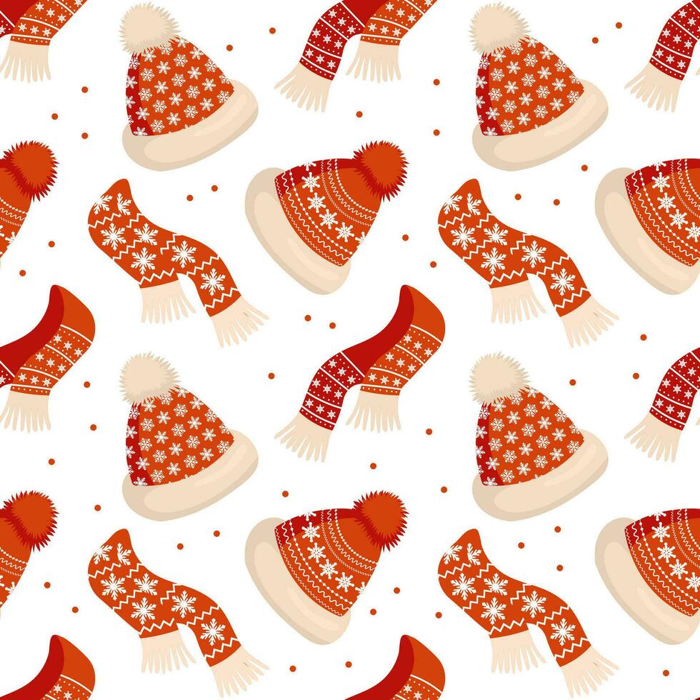 Knitted winter hats and scarves with snowflake ornament on a white background. Christmas print, background, vector