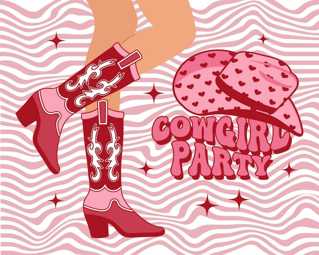 Women's elegant legs in cowboy boots. Pink Western Cowgirl style boots, cowboy hat and text on a retro background. Illustration. Vector
