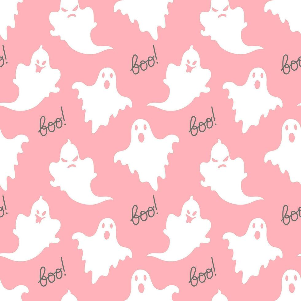 Seamless pattern, cute ghosts and the word boo on a pink background. Halloween print, background, textile, vector