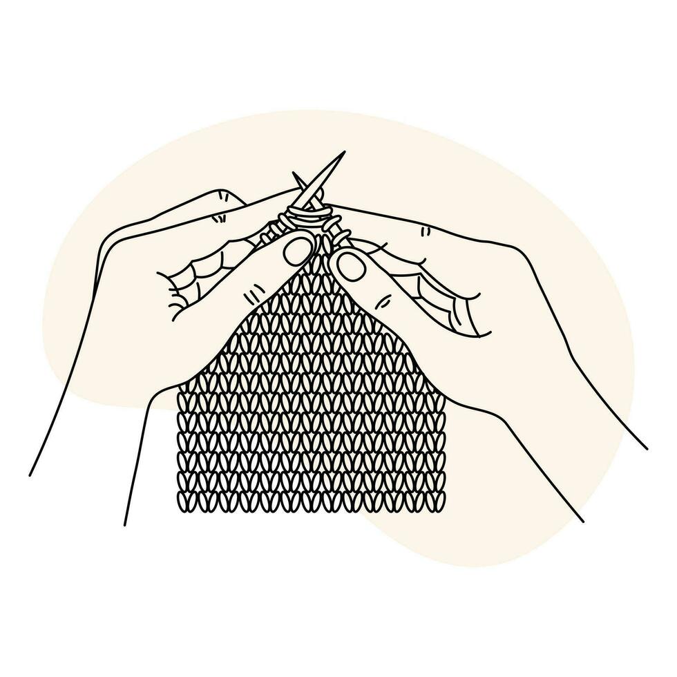 Knitting icon, hands with knitting needles and threads. Line art, sketch, clip art, vector