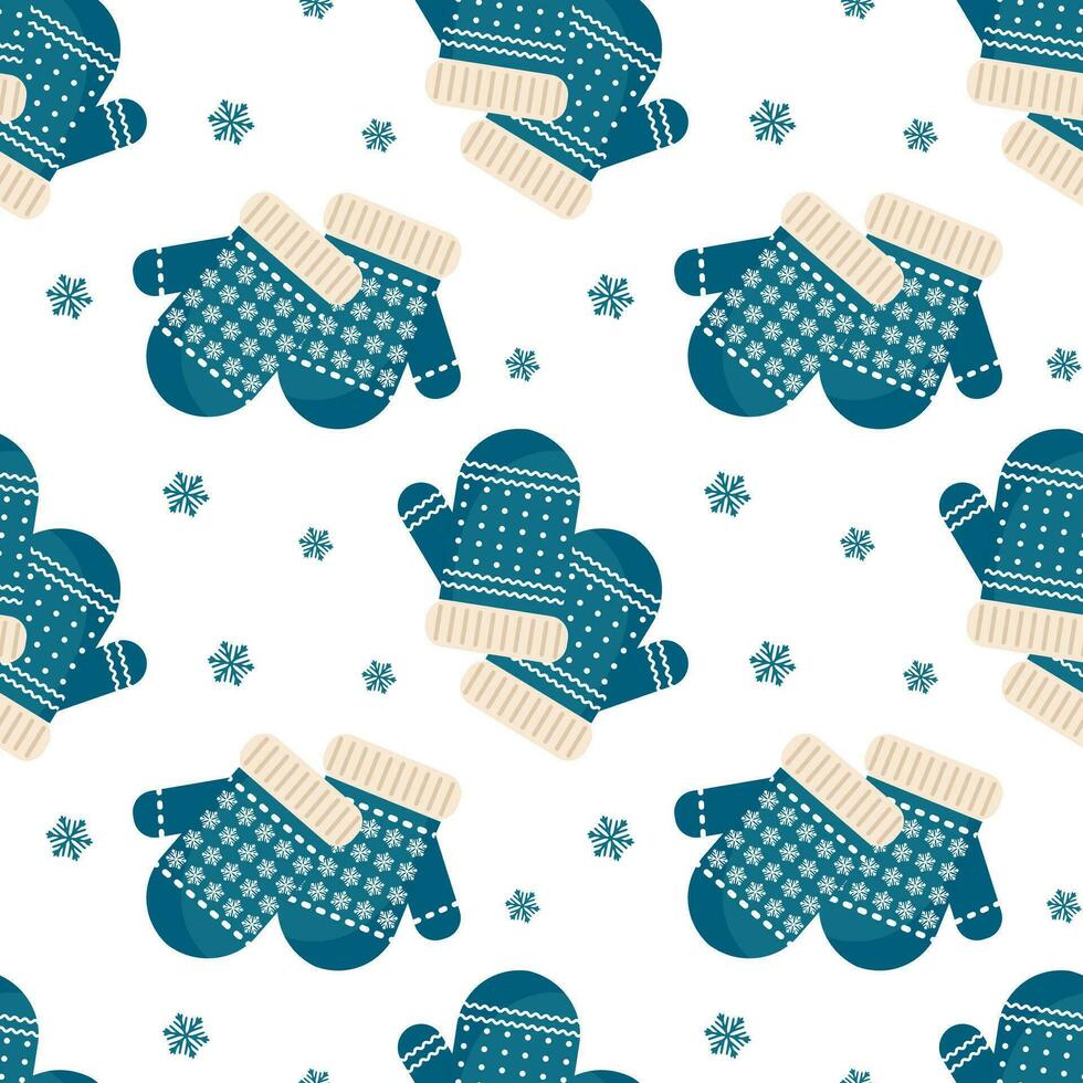 Seamless pattern, winter blue christmas mittens with snowflake ornament. Background, print, vector
