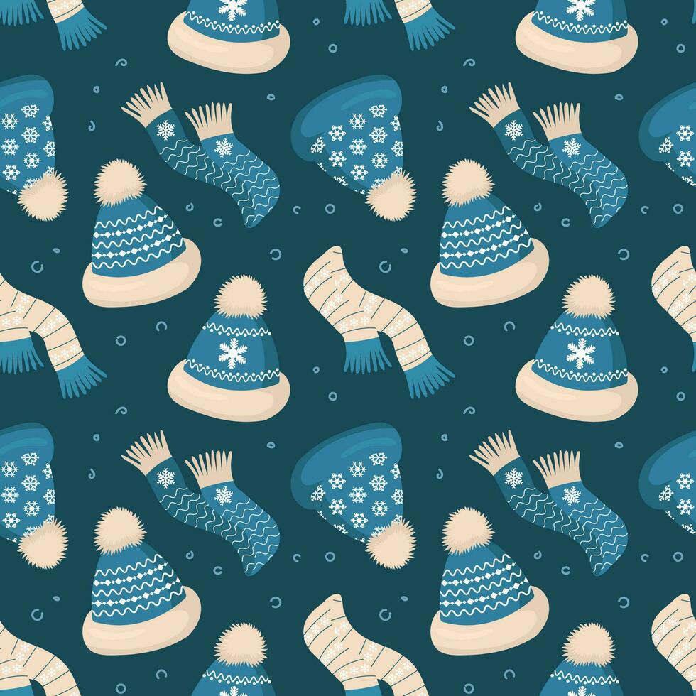 Knitted winter hats and scarves with snowflake ornament on a white background. Christmas print, background, vector